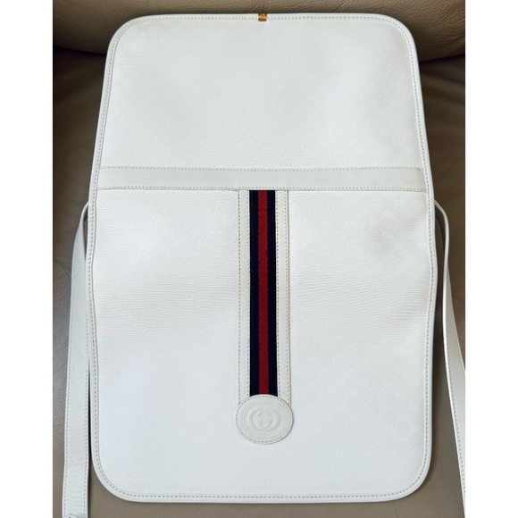 Authentic Vintage Gucci Web White Monogram Canvas Leather Flap Messenger Bag - Picture 6 of 12